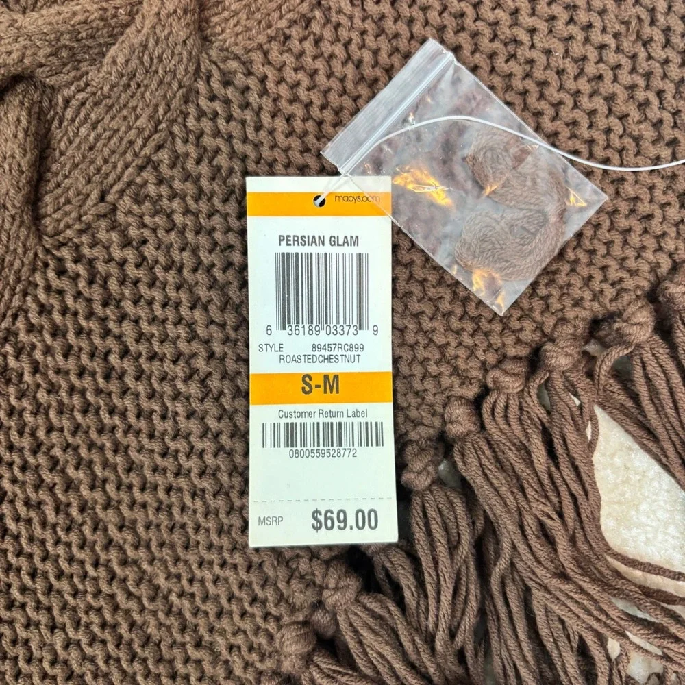 INC International Concepts Brown Cable Knit Fringe Poncho Roasted Chestnut SM